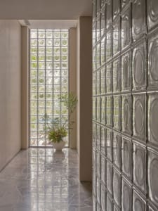 A glass block corridor with a vase of flowers on the floor in a well-lit space.