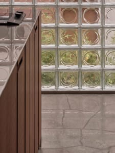 Modern kitchen with glass tile backsplash