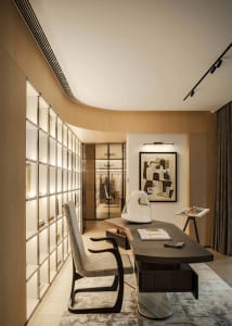 A modern office interior featuring an office desk space with a minimalist design.