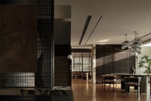 A minimalist residential interior featuring stone and wood materials