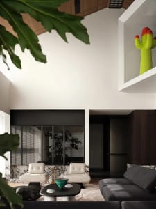 Modern living room featuring marble, concrete, and black and white accents, with high ceilings and large windows.