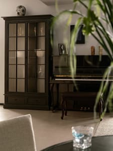Modern living room featuring a dark wooden console table with glass doors, a glass of water, a potted plant, and a dark uprig