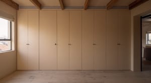 A minimalist interior design featuring a closet with wooden paneling.
