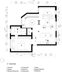 A modern residential floor plan with a layout including an entrance, kitchen, living room, study area, dining room, and multi