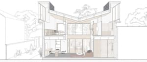 A detailed architectural drawing of a modern home showing the interior design and use of wood materials.