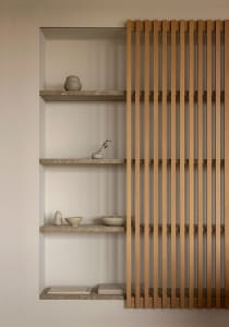 Modern floating shelves with marble and wooden grill