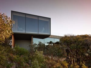 A modern house with transparent glass walls surrounded by greenery.