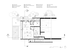 Modern architectural floor plan with concrete and glass elements.