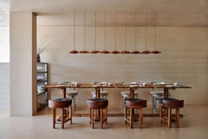 Modern restaurant interior with wooden furniture and a minimalist design.