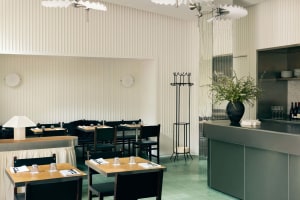 Interior of a minimalist restaurant featuring concrete walls, wooden tables, and black chairs with green plants on the bar co