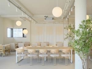 A minimalistic conference room with a long rectangular table surrounded by chairs, white walls, spherical light fixtures, and