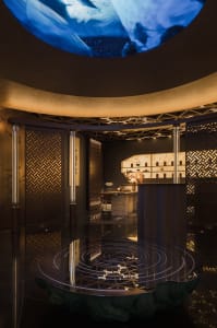 A modern spa interior featuring glass, stone, and metal elements.