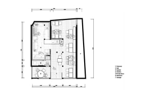 A detailed architectural drawing of a coffee shop floor plan featuring a tile floor and wooden counter.