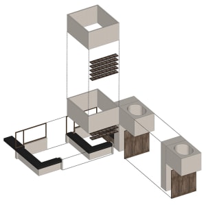 A modern architectural design featuring a combination of concrete and wood materials.
