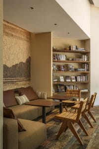 A living room with modern furniture, wooden bookshelves, and a cozy reading area.