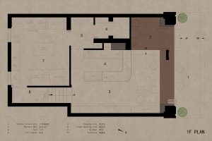 A detailed architectural floor plan for a commercial building featuring wooden materials and a combination of different space