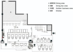 A detailed 2D architectural drawing of a restaurant interior, featuring dining areas, kitchen, and outdoor seating.