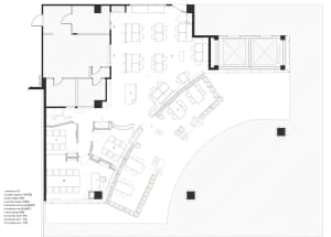 Simplified architectural drawing of a restaurant's interior layout, including sections for individual dining tables, receptio