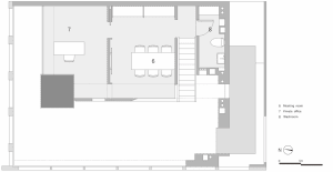 Modern office layout with a meeting room, private office, and washroom.
