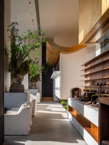 Modern luxury living room with wooden accents, concrete flooring, and glass elements.