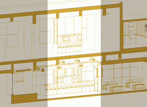 Detailed engineering drawing of a laboratory space featuring metal equipment and industrial design elements.