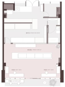 Floor plan of a retail space showing operational zones, bread display areas, and rest areas.