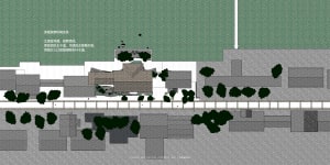 Architectural rendering of a lakeside residential retreat featuring natural elements, pathways, and water features.