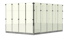 A minimalist interior design featuring a glass wall and window.