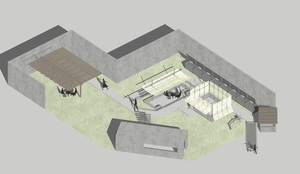 An architectural plan of a modern event space featuring concrete and wood paneling.