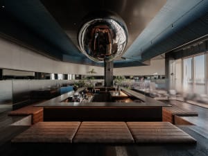 A contemporary bar design featuring metallic decor and luxurious leather seating.