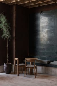 A modern cafe interior featuring a concrete table with a chair, a wall with a sunlit geometric design, and a potted plant.