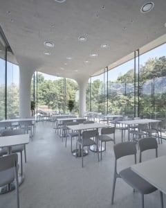 Modern cafeteria room with white tables and chairs, large windows, and natural light.