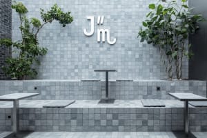 Minimalist spa interior with marble tiles and green plants