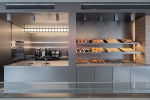A modern coffee shop interior featuring metallic finishes and a sleek design.