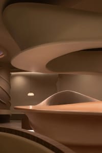 A modern interior space featuring a wooden sculpture with smooth, organic shapes.