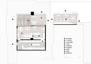 A detailed 2D architectural drawing of a compact restaurant interior layout showing various dining areas and functional zones