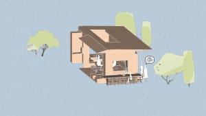 A modern house with a glass exterior and concrete walls.
