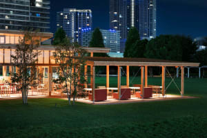 Minimalist park buildings constructed of wood.