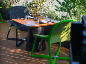 A stylish restaurant setting with a wooden table and green chairs surrounded by plants.