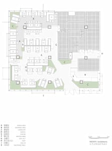 A detailed 2D architectural drawing of a restaurant layout featuring neutral color schemes.