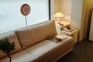 A modern neutral-tones living room with a beige sofa, a table lamp, and magazines.