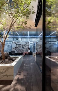 A minimalist modern office lounge featuring glass planters.