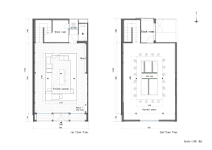 Modern interior architecture floor plan showing kitchen, dining, and seating areas.