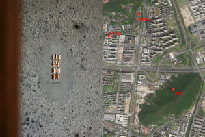 An aerial view of a city with marked locations and routes.