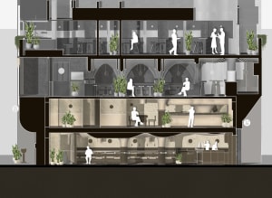 A cross-sectional view of a modern restaurant interior, featuring various seating arrangements, plants, and counter spaces.