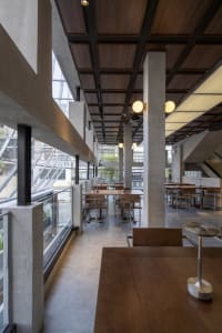 Modern cafe interior featuring concrete and wooden materials
