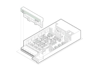 An isometric architectural drawing depicting a modern industrial-style office layout with light steel furniture.