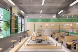 A modern, industrial-style restaurant interior with minimalist furniture and exposed concrete ceiling.