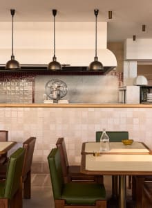 Modern cafe bar interior with ceramic tile wall