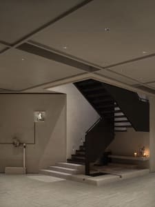 Modern interior with concrete staircase and minimalist design
